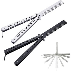 Cutefly Metal Butterfly Comb 2 Pieces Stainless Steel Butterfly Comb Foldable Pocket Comb Butterfly Style Comb for Men Styling Hair Barber Comb Hair Styling (Silver/Black)