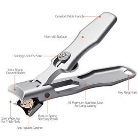 VOGARB Nail Clippers for Men Thick Nails Large Wide Jaw Opening Toenails Clippers for Seniors Long Handle Heavy Duty Portable Ultra Sharp Fingernail Cutter with Catcher for Adult Women (Silver Set)