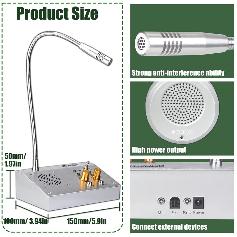 Retekess TW103 Window Speaker, Window Intercom,Independent Volume Control,Recording Function,for Travel