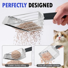 Faoemsey Cat Litter Scoop, Solid and Durable Kitty Metal Scooper, Stainless Steel Sifter, Heavy Duty, for Litter Box, Black Rubber Handle, Included Stainless Steel Hook