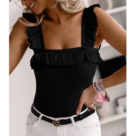 Womens Cute Sleeveless Tank Tops Ruffle Strap Square Neck Blouse Solid Color Knitted Camisole Black