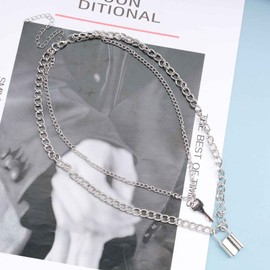 Yheakne Punk Lock Key Pendant Necklace Silver Padlock Choker Necklace Layered Love Lock Necklace Vintage Curb Chain Necklace Jewelry for Women and Girls Couple Gifts (Silver)