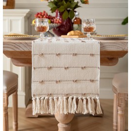 Caflife Boho Table Runner 60 Inchs Long for Modern Farmhouse Room Home Decor, Taupe and Beige Coffee Table Runner, Natural Cotton Woven with Tassels Neutral, for Kitchen Dining Table Decor
