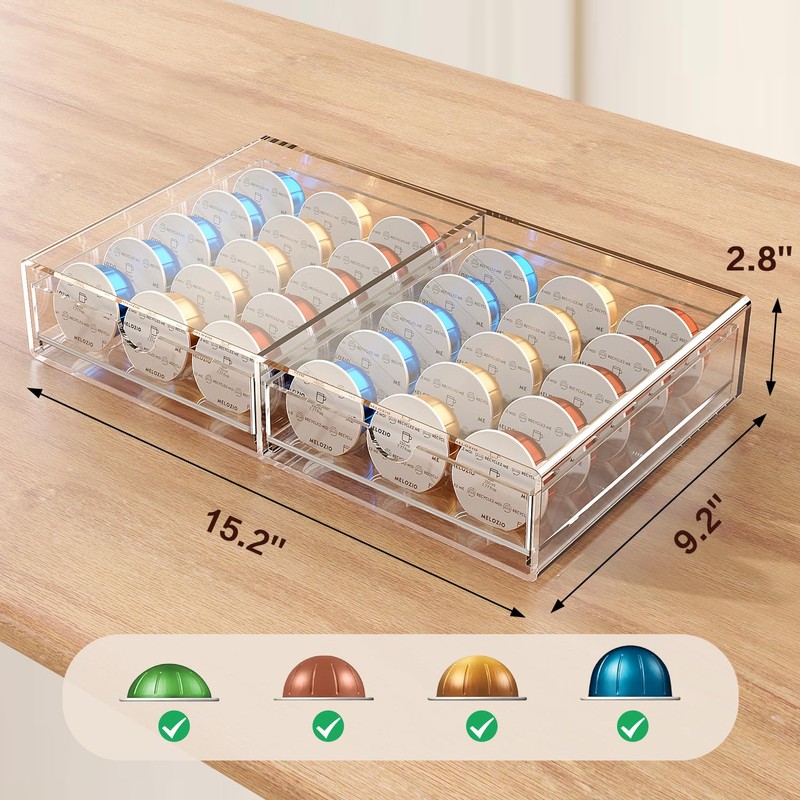 Compact Clear Acrylic Coffee Pods Drawer Organizer Compatible with Nespresso