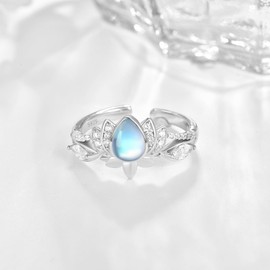 TANGPOET Moonstone Ring 925 Sterling Silver Lotus Flower Ring for Women, Adjustable Thumb Ring, Valentine's Birthday Jewellery Gifts for Her, Sterling Silver