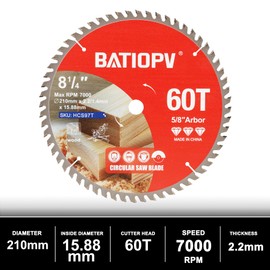 BATIOPV 8-1/4 Inch Circular Saw Blade, 60T – Carbide-Tipped for Ultra-Fine Wood Cutting – Compatible with Miter & Table Saws – Works with Dewalt, Makita, Bosch