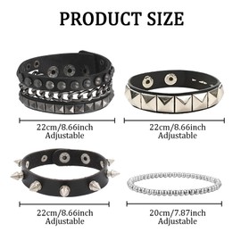 STIFFENERS 4 PCS Punk Accessories, Punk Bracelet, Studded Bracelet, Black Gothic Bracelet Spike Bracelet Adjustable Rock Accessories with Studs for Mens Womens Rock Vintage Gothic Style Men Women