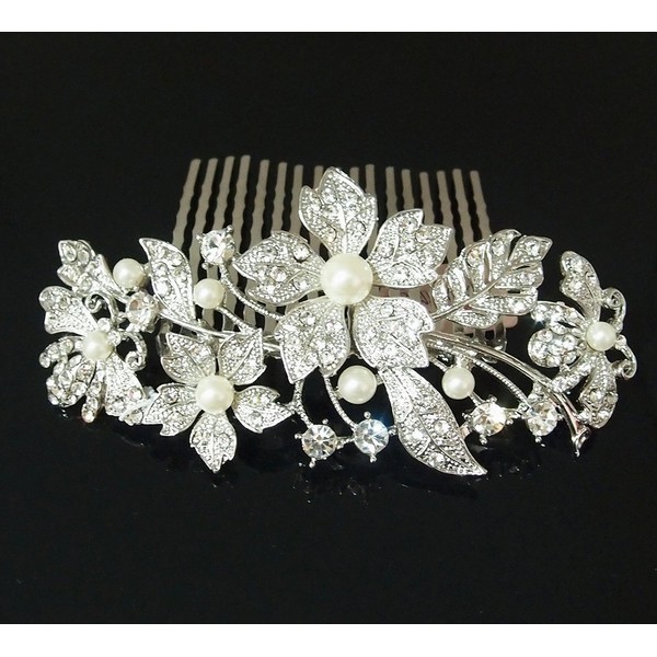 New beautiful elegant wedding bridal flowers hair comb Ivory color pearl and crystal #1 beautyxyz USA seller