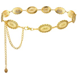 Putcuku Western Concho Chain Belt for Women Adjustable Metal Waist Chain for Jeans or Dresses (361 Gold-XL)