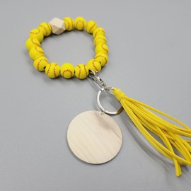 Fuqimanman2020 Wooden Bead Sports Charm Wristlet Keychain Softball Baseball Basketball Football Wood Tassel Key Ring Fans Gift for Women-Softball
