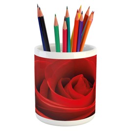Ambesonne Rose Pencil Pen Holder, Close up Macro of a Red Rose Bloom Fresh Natural Beauty Valentine's Day Couples Theme, Printed Ceramic Pencil Pen Holder for Desk Office Accessory, Vermilion