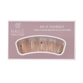 Press-On Nails, Medium Rectangle Shape, Nude Base Color with Gold Foil Stripes, 24pcs Set with Soft Gel, Daily Use, Perfect for Work, Travel, Easy Use, Durable and Reusable