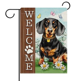 Dyrenson Welcome Dachshund Dog Decorative Garden Flag, Paw Prints Yard Outside Home Decoration Pet Owner Lover Gift, Spring Summer Burlap Outdoor Small Decor Double Sided 12 x 18