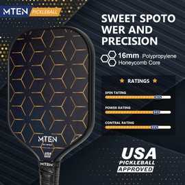 MTEN Pickleball Paddles, USAPA Approved, Carbon Pickleball Paddle, 16MM Polypropylene Honeycomb Core Pickleball, Comfortabla and No-Slip Grip, Superior Ball Control, 1Pcs