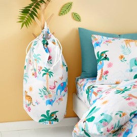 Happy Linen Company Girls Boys Kids Sunset Safari Animals White 50 x 75 cm Reversible Foldable Toys Organiser Storage Bag