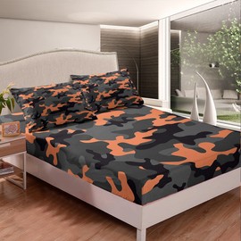 Feelyou Army Camouflage Bedding Sheets Teens Camo Bed Sheet Set for Kids Boys Girls Colorful Pattern Decor Bedding Fitted Sheet Orange Black Grey Bed Cover Bedroom Collection 3Pcs Full Size