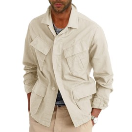 Runcati Mens Lightweight Safari Jacket Button Up Cotton Outdoor Military Cargo Long Sleeve Outwear Khaki