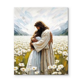 Jesus Canvas Wall Art Decor - Christian Religious Artwork, Jesus Hugging a Girl in a Field of Daisies Painting, Jesus Wall Decor for Living Room, Church or Office, Art Canvas Print 11X14 inch