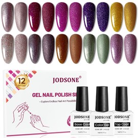 JODSONE 12 Bottles Gel Nail Polish Set with Base Coat and Top Coat Great Holiday Gift for Ladies and Girls