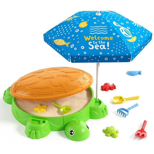 HYES Turtle Sandbox with Lid, Sand Pit with Adjustable Umbrella