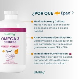 Wellthy Omega 3 Epax® 400 Cápsulas Ácidos Grasos 2000mg. Aceite de Pescado Noruego Ultraconcentrado. 30% EPA y 20% DHA La más alta concentración, Alta