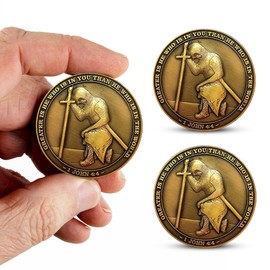 The Task Ahead Coin, Bulk Pack of 3, I Can Do All Things, Challenge Coins, Antique Gold-Color Plated, Featuring a Kneeling Knight Templar and Philippians 4:15