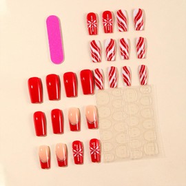 Christmas Press on Nails Medium Square Fake Nails With Snowflake Stripe Designs Xmas Red French Tip False Nails Glossy Full Cover Stick on Nails Winter Acrylic Artificial Nails for Women 24 Pcs