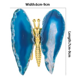 KYEYGWO Agate Slices Butterfly Figure Decoration with Stone Wings, Golden Flying Butterflies Statue Healing Stone Fengshui Ornament Crystal Animal Sculpture for Home & Office, Blue