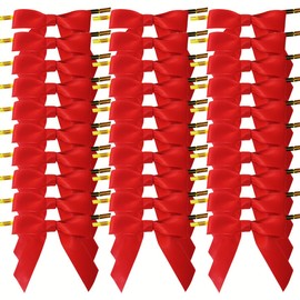 Micomon 50pcs 2-1/2" Red Satin Ribbon Bows with Twist Ties for Gift Wrapping Packing Christmas Decoration (Red)