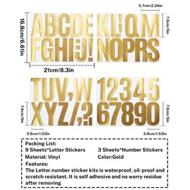 3 Inch Letter Stickers, 138 Pieces Self Adhesive Alphabet Number Sticker for Mailbox, House Number and Water Bottle, Waterproof Sticky Vinyl Symbol Stickers for DIY(12 Sheet Gold)