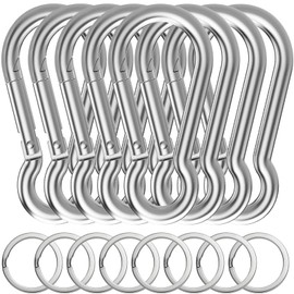 EGGMARCH 8 Pack Carabiner Clips with 8 Key Rings Strong Spring Snap Hook Heavy Duty Snap Clip Zinc-Galvanized Steel Link for Hiking, Camping, Fishing, Dog Leash,Swing,Hammock (9 cm)