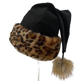 Leopard Trimmed Black Velour Santa Hat, Deluxe Faux Leopard Fur Novelty Adult Santa Hat, Christmas Party Hat