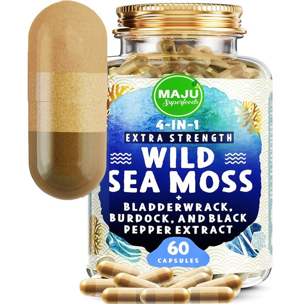 MAJU 4-in-1 Organic Sea Moss Capsules, Wild Chondrus Crispus, Seamoss w/Bladderwrack + Burdock Root, Stronger Than Gel, Irish, Sebi Inspired Raw Powder in Pills, 500 mg Capsule (60 ct)