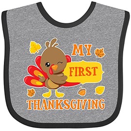 inktastic My First Thanksgiving with Turkey and Leaves Baby Bib Heather and Black 2c777