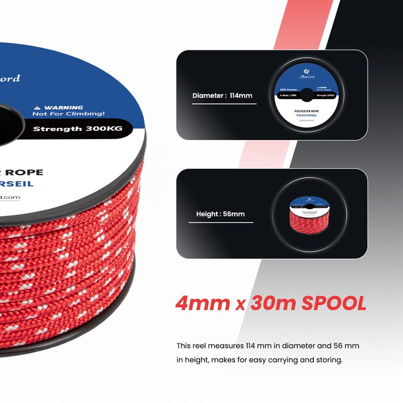Abma Cord Polyester Cord 4mm x 30m Braid Polyester Rope,