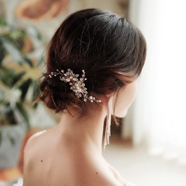 Handmade Wedding Rose Gold Hair Comb Pearl Leaf Bridal Wedding Hair Accessories for Brides and Bridesmaid