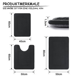 chakme Badezimmerteppich Set 3 Teilig, Weiche Memory-Schaum Badematte und U Förmige wc Vorleger, Badteppich rutschfest Waschbar Badvorleger Set Schwarz