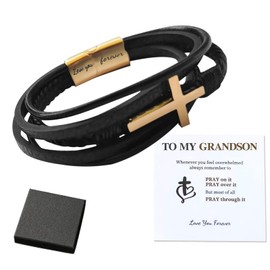 To My Son Cross Bracelet, Braided Leather Bracelet,Men's Stainless Braided Leather Bracelet Bangle Wristband Graduation Birthday Gift (gold, grandson)