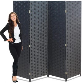 Hudada Room Dividers Wall Privacy Screen Partitions 4 Panel 6 Feet Foldable Screen Portable Wood Mesh Woven Design Room Separator Screen for Home Office,Black