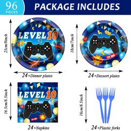 96Pcs 10th Birthday Video Game Party Supplies Blue 10th Plates and Napkins Tableware Set Level 10 Party Decorations for Boys Gamer Birthday 10 Year Old Party Favors for 24 Guests