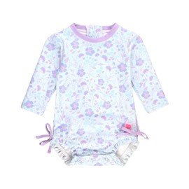 RuffleButts Baby Girls UPF 50+ Sun Protection Floral Printed Long Sleeve One Piece Rash Guard Swimsuit with Zipper - Fairytale Garden, 3T