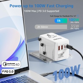 100W GaN Universal Travel Adapter Worldwide, International Travel Plug Adapter with 2PD USB-C & 2QC USB-A, All in One Universal Plug Adapter with Dual 10A Fuses for Laptops, Tablets, Phones