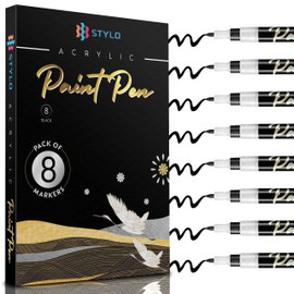 Stylo 8 Count Acrylic Metallic Pens - Black Paint Pens - Fine Tip Permanent Acrylic Metallic Paint Markers for Rock Painting, Glass, Wood, Ideal for Arts and Crafts (Pack of 8, Black)