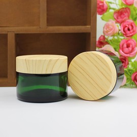 4Pack 50g Green Glass Cosmetic Cream Jars,Empty Sample Jars Containers Pot with Wood Grain Lids for Lotion,Cream,Lip Balm,Eye Cream,Scrubs Creams,Oils Salves,Ointments(Green)