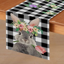 Easter Table Runner - Spring Coffee Dining Table Decor 13 X 72 Inch Rustic Buffalo Plaid Burlap Farmhouse Table Decorations Bunny Floral Tablescape Home Decor