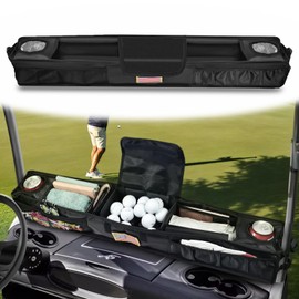 Aeropeak Foldable Golf Cart Front Storage Basket, No Drilling Multi-Compartment Organizer with Replaceable Patch, 1680D Oxford Insulated Cup Holders Compatible with EZGO/Club Car/Yamaha/Drive ect
