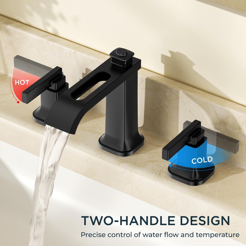 FORIOUS 3 Hole Bathroom Vanity Sink Faucet,Matte Black Waterfall Widespread