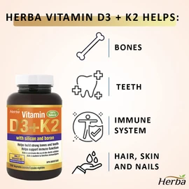 Herba K2 D3 Vitamin Supplement with Boron and Silica – 120 Capsules | Vitamin D3 K2 with Boron Supplement for Men and Women | Vitamin K2 MK-7 and Vitamin D3 1000 IU | Helps Build Strong Bones and Teeth