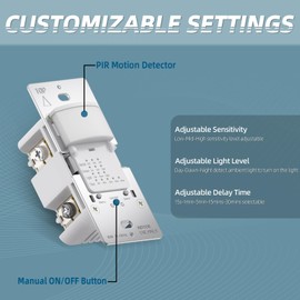ECOELER Motion Sensor Light Switch, PIR Motion Detection Wall Switch with Adjustable Sensitivity, OCC/VAC Selectable, Neutral Wire Required, Single Pole Occupancy Sensor for Bathroon, Laundry