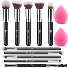 BEAKEY Kit de cepillo de maquillaje sintético superior de Kabuki Foundation Face Powder Blush Sombra de ojos cepillos Kit de cepillo de maquillaje con esponja de licuadora y cepillo de huevo (10 + 2pcs, negro / plata)